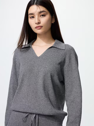 Women's Washable Knit Ribbed Polo Sweater Dark Gray Medium UNIQLO US | UNIQLO (US)
