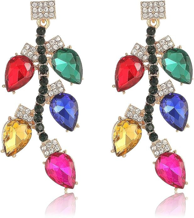 Christmas Theme Earrings Bow Colorful Light Bulbs Rhinestone Earrings Gingerbread Man Christmas T... | Amazon (US)