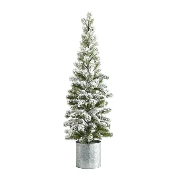 Nearly Natural 3ft. Flocked Christmas Artificial Pine Tree in Tin Planter - Walmart.com | Walmart (US)
