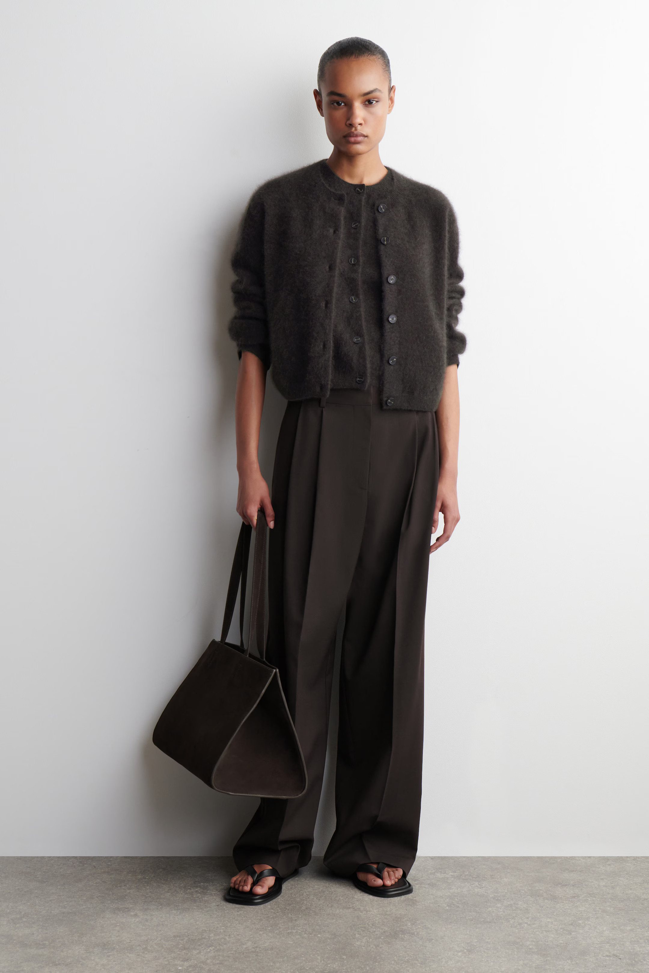 BRUSHED-CASHMERE CREW-NECK CARDIGAN - DARK BROWN | COS | COS UK