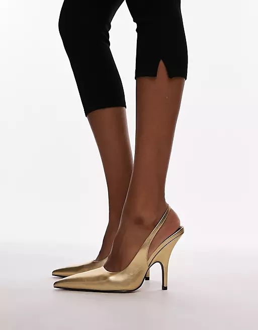 Topshop Emma heeled sling back court shoe in gold | ASOS (Global)