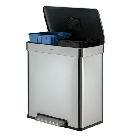 Qualiazero Kitchen Trash Can, 16 Gallon Stainless Steel Step Dual Compartment Reclcying Garbage Bin with Soft Close Lid, Silver | Walmart (US)