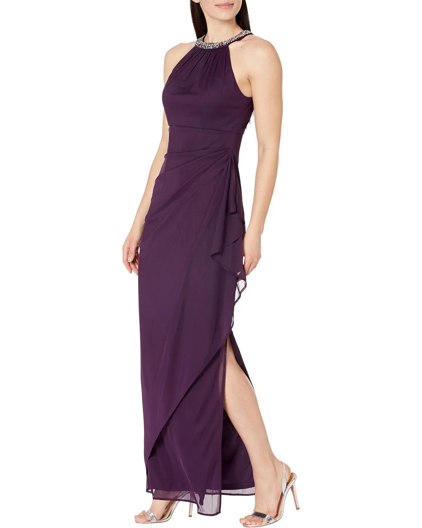 Beaded Halter Long Gown with Side Ruching | Zappos