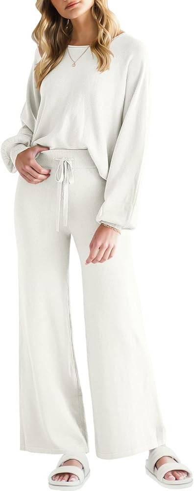 ANRABESS Women’s Two Piece Crop Top & Wide Leg Pants Lounge Sweater Sets 2024 Fall Knit Sweatsu... | Amazon (US)