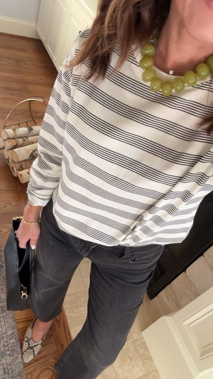 Black & white stripes. Straight leg black jeans. 
Tee XS. Jeans down 1 size, 24

#LTKootd #LTKOver40 #LTKSaleAlert