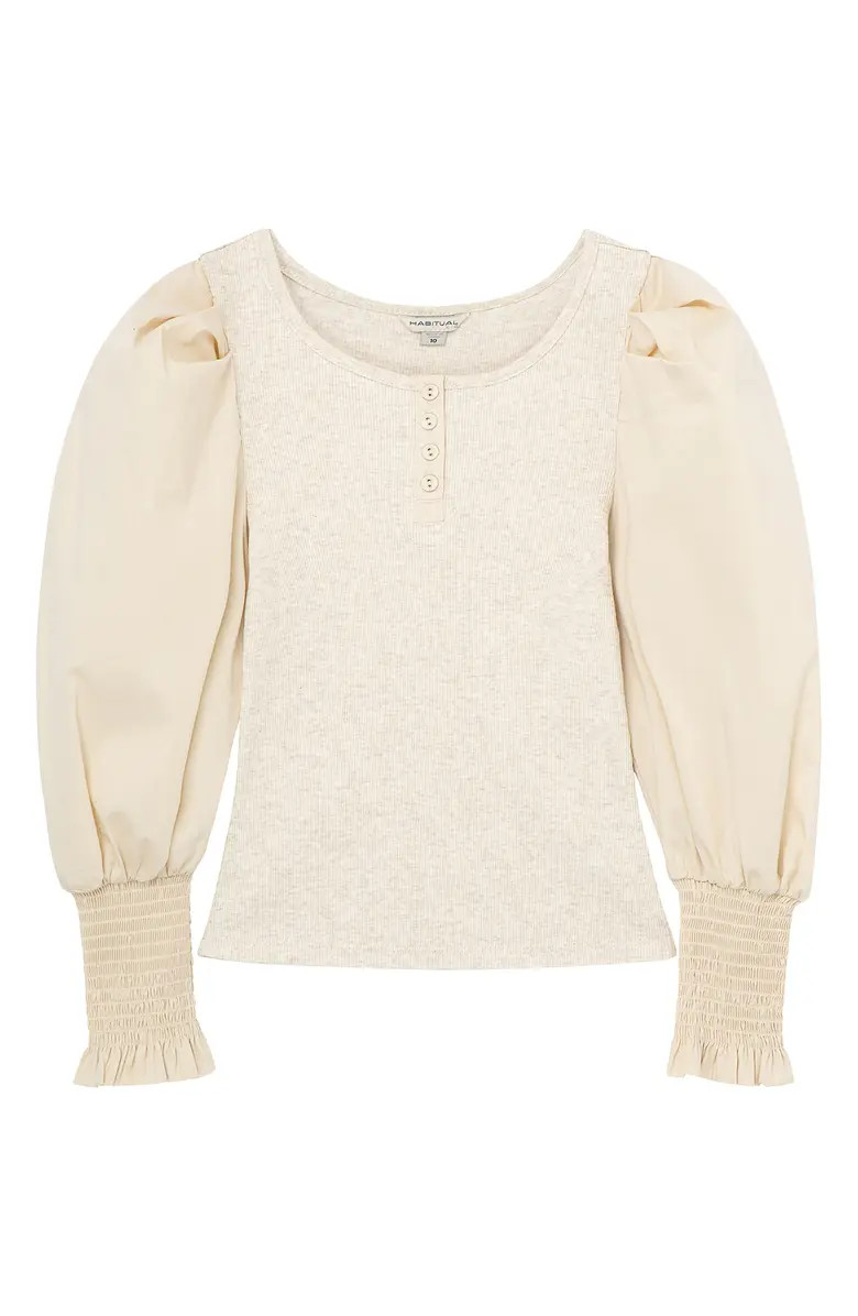 Kids' Mixed Media Puff Sleeve Henley | Nordstrom