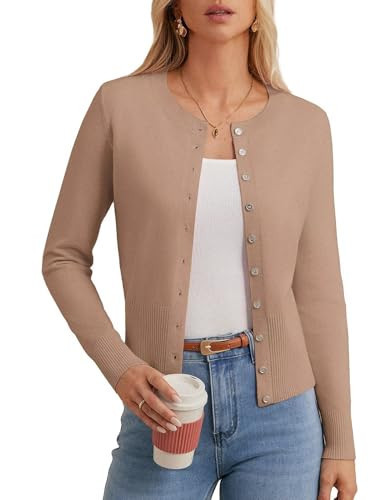 GRACE KARIN Women Lightweight Knit Cardigan, Long Sleeve Khaki Crop Sweater, Button Up Open Front Crewneck Shrug Fall 2025 2XL | Amazon (US)