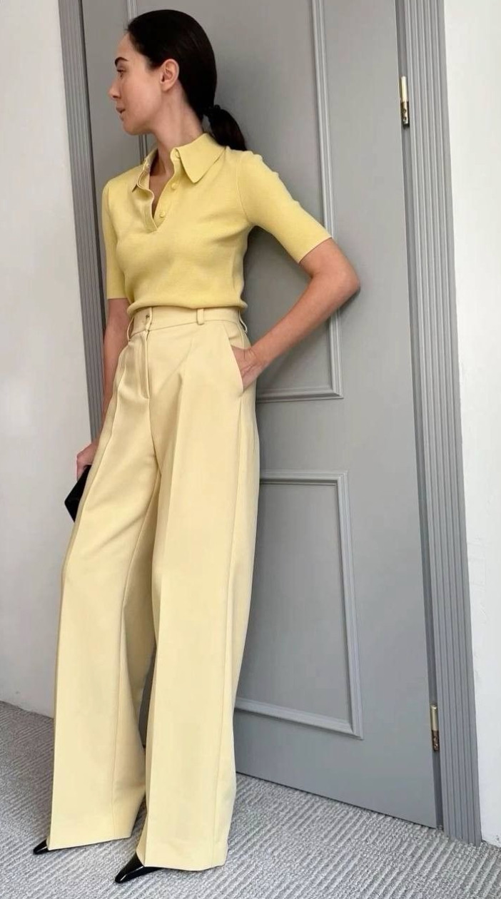 This monochrome yellow outfit shows how matching tones can create a polished, elegant look with minimal effort.
A structured knit polo paired with tailored wide-leg trousers makes the outfit feel modern, refined, and perfect for elevated everyday style. 

 #LTKSpringSale #LTKootd