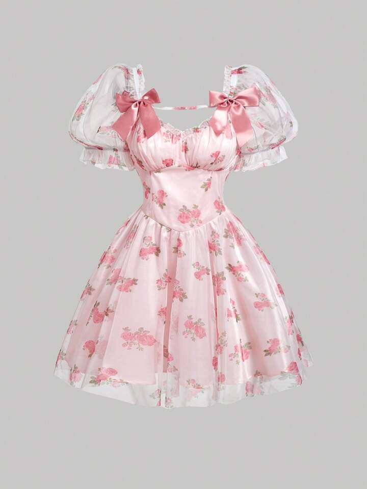 SHEIN MOD Short-Sleeved Pink Flowers Mesh Printed Party Dress With Bowknot Romantic Look,Summer F... | SHEIN