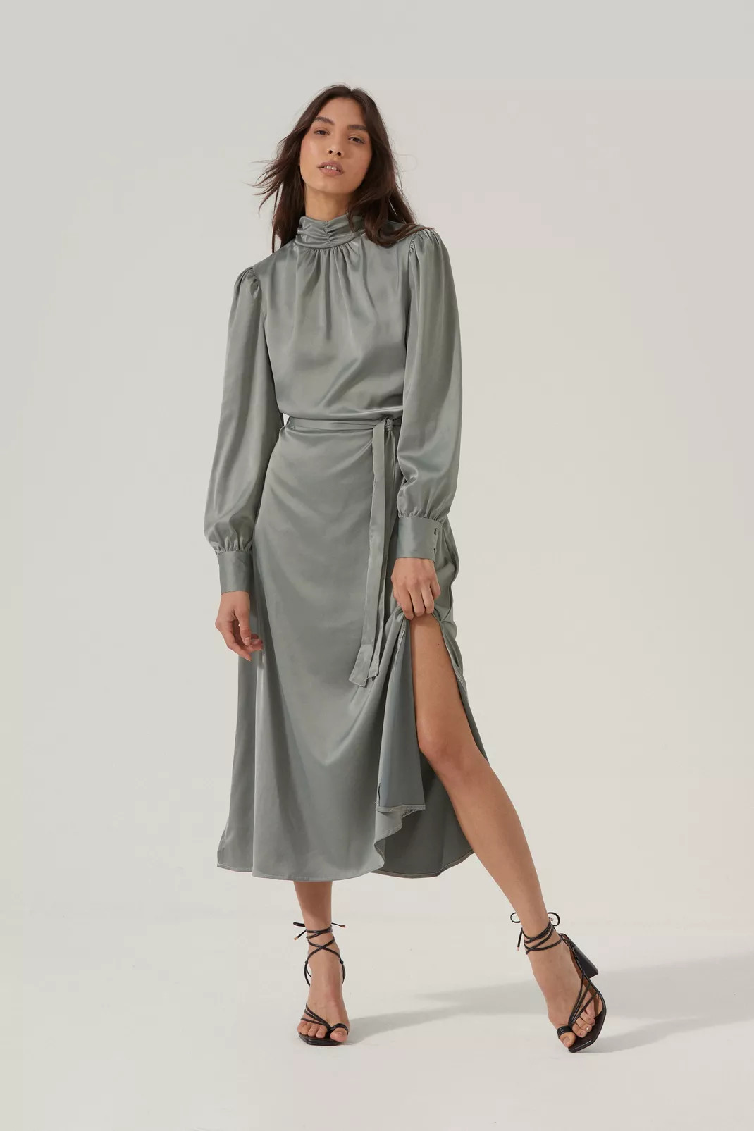Satin High Neck Belted Midi Dress | Nasty Gal (US)