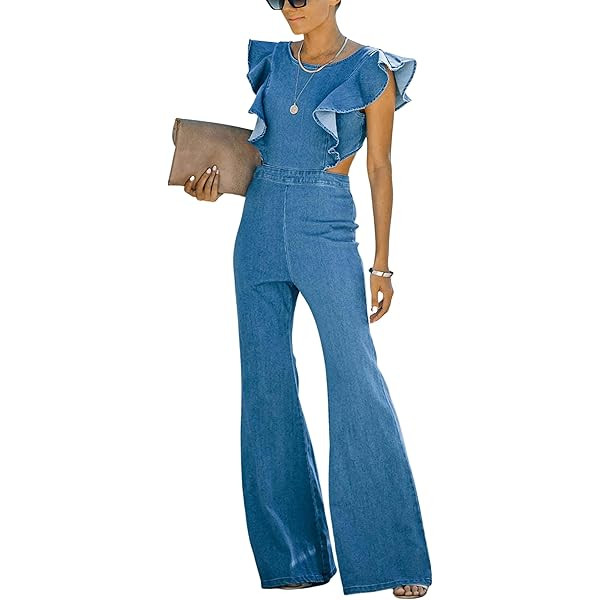 Sexyshine Women's Denim Jumpsuit Spaghetti Straps Sleeveless V Neck Wide Leg Flared Full Length J... | Amazon (US)