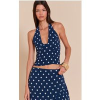 Navy Polka Dot Halterneck Chiffon Top | PrettyLittleThing US