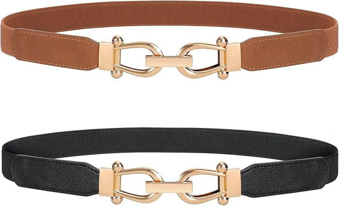 JASGOOD Women Stretchy Waist Belt Retro Elastic Skinny Belt for Ladies with Gold Buckle | Amazon (US)