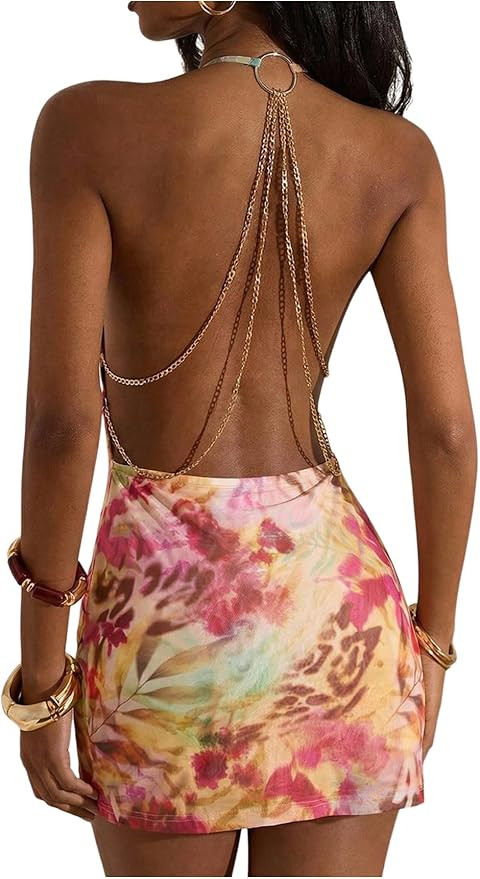 Floerns Women's Tropical Cowl Neck Halter Mini Dress Chain Backless Date Night Bodycon Dress | Amazon (US)