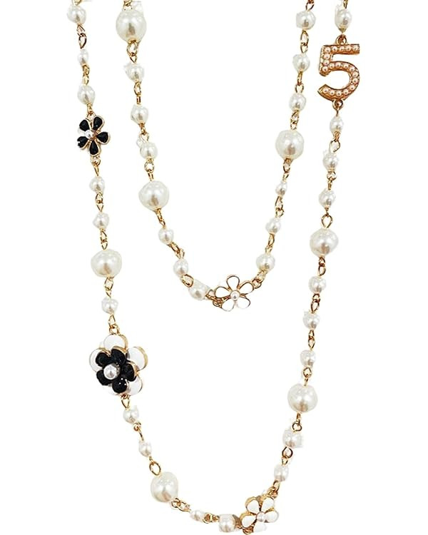 Designer Imitation Pearl Neckalce Camellia Flower Number 5 Long Layered Charm Sweater Neckalce fo... | Amazon (US)