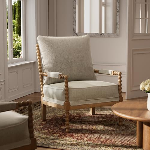 Morden Fort Linen Fabric Spindle Accent Chair with Wood Frame, French Style Accent Chairs with Padded Spring Seat and Armrest Pads, Brushed Base for Living Room Bedroom Farmhouse Office Balcony(Beige) | Amazon (US)