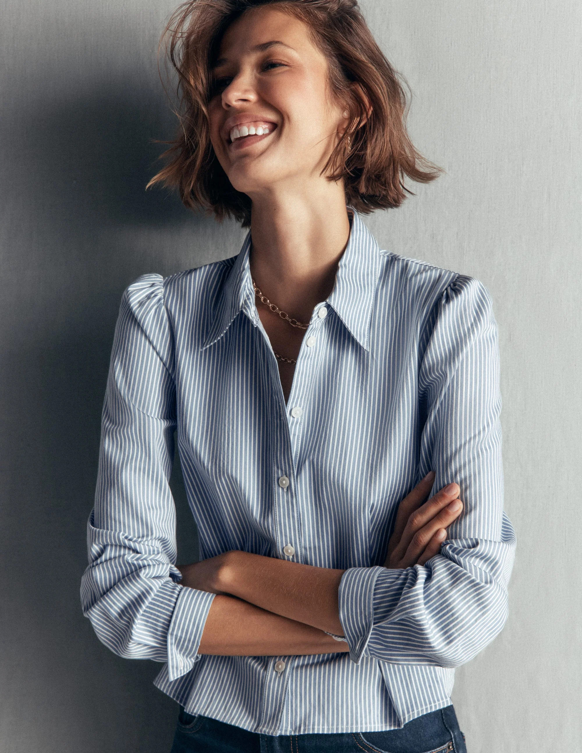Julia Darted Cotton Shirt-Soft Blue, Ivory Stripe | Boden (US)