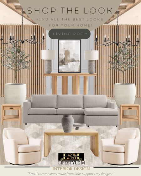 Transitional living room idea. Wood rectangle coffee table, wood end table, white swivel chair, diamond pattern rug, grey ceramic vase, grey sectional sofa, white terracotta tree planter pot, realistic fake faux tree, wood console table, grey ceramic table lamp, wall art, black chandelier, wood wall panels.

#LTKstyletip #LTKhome #LTKFind