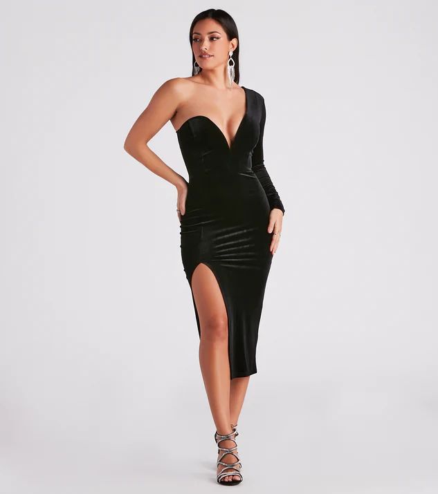 Claire Formal One-Shoulder Velvet Midi Dress | Windsor Stores