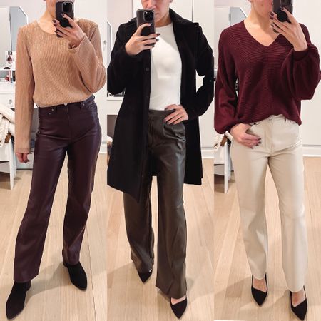 Faux leather pants from express on sale under $50 plus $10 off of $100 for LTK cyber week. Straight dark purple, straight tan, and wide leg olive green shown here. 

#LTKunder50 #LTKCyberweek #LTKHoliday