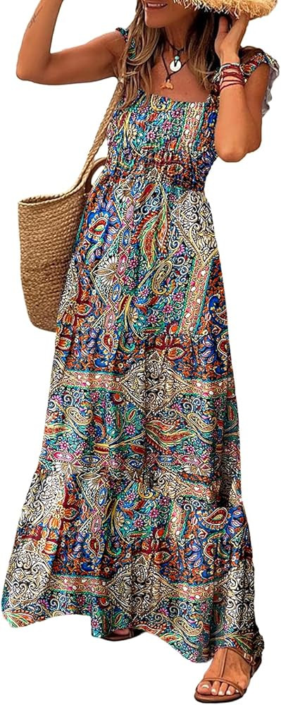 LOLONG Maxi Dress for Women Summer Boho Spaghetti Strap Square Neck Ruffle Beach Sun Dress | Amazon (US)