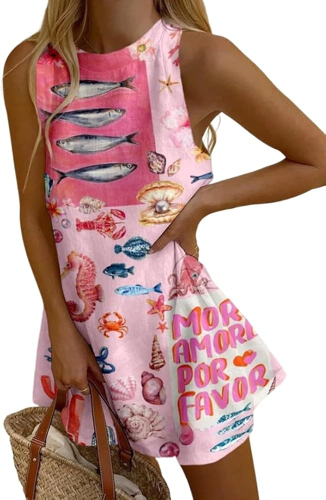 Womens Pink Sea Life Print Sleeveless Mini Dress Casual Loose Fit Crewneck Summer Holiday Sundres... | Amazon (US)