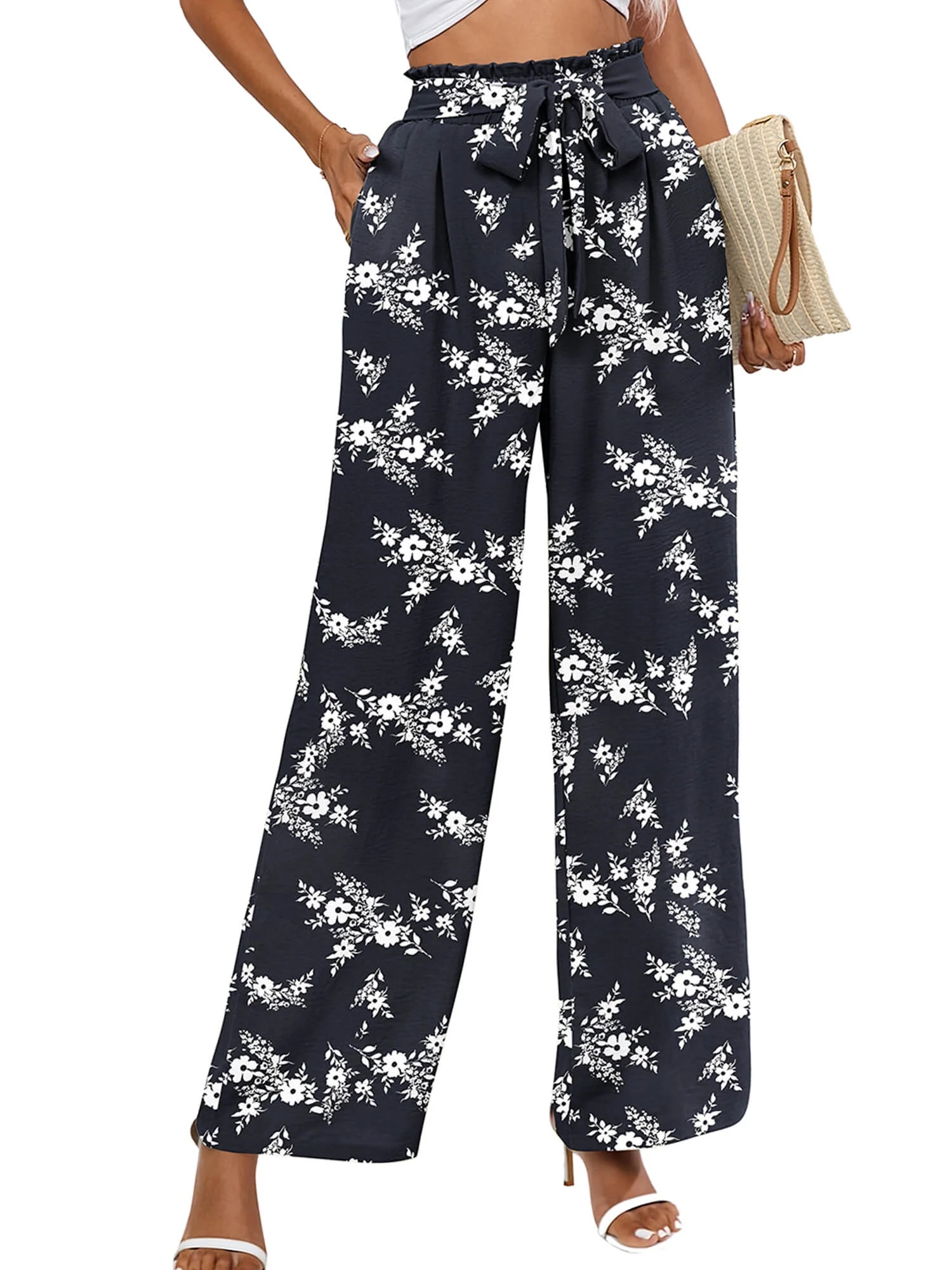 Chiclily Women Wide Leg Pants with Pockets High Waist Loose Belt Flowy Casual Trousers, US Size L... | Walmart (US)