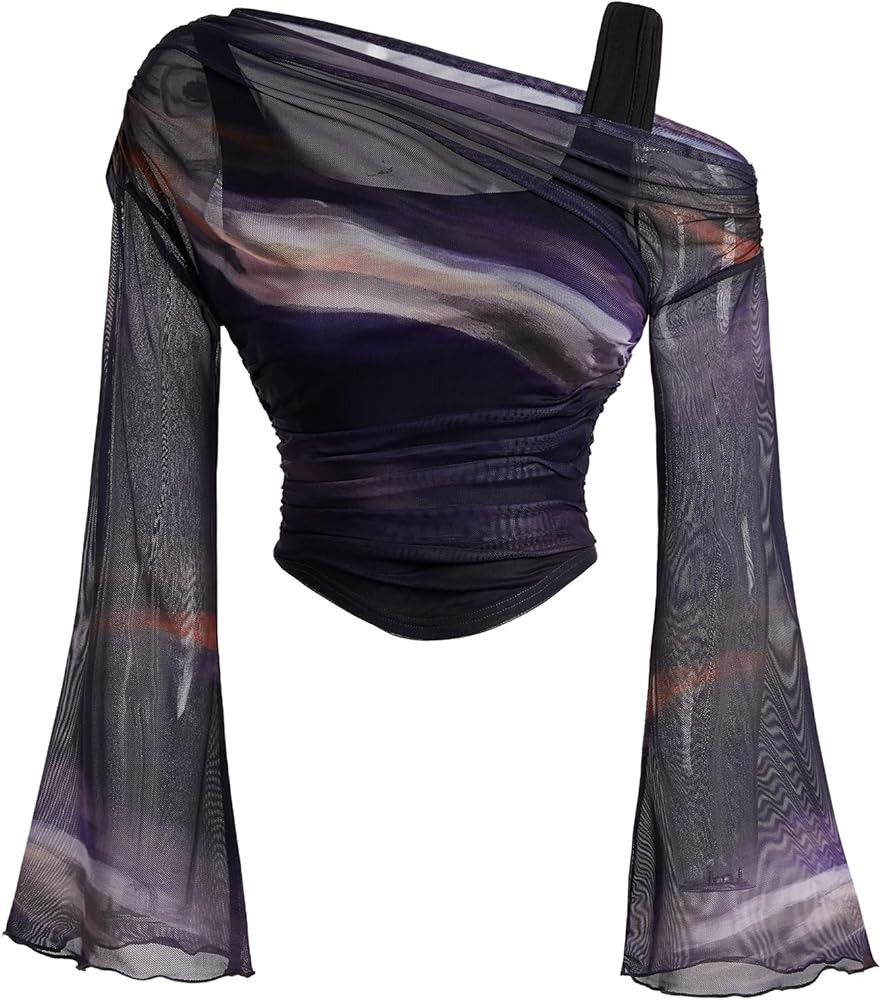 Verdusa Women's Y2k Off The Shoulder Tops Mesh Long Sleeve Crop Tops 2000s Clothing | Amazon (US)