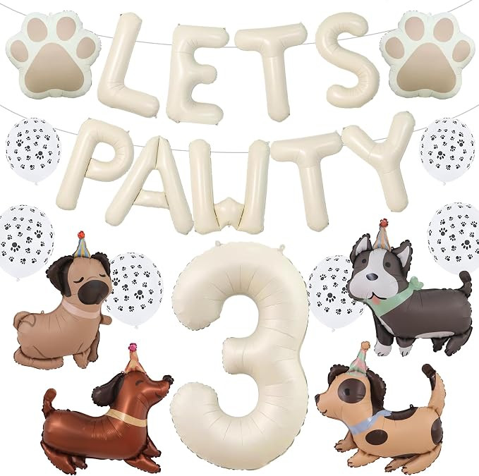 Dog 3rd Birthday Party Decorations - Beige Lets Pawty Banner with Number 3 Foil Balloon, Cute Pup... | Amazon (US)