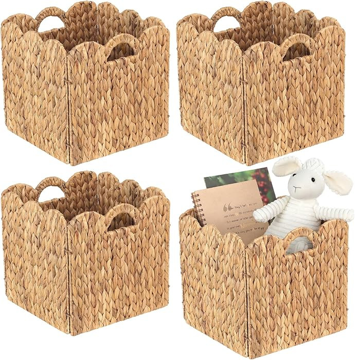 Set of 4 Foldable Scalloped Water Hyacinth Storage Cubes Basket, Storage Cube Bins -12"x12"x12", ... | Amazon (US)