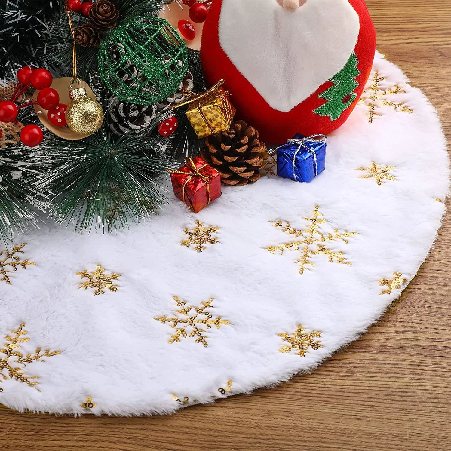 18 Inches Mini Christmas Tree Skirt Christmas Tree Mat White Faux Fur Gold Snowflake Sequin Embro... | Walmart (US)