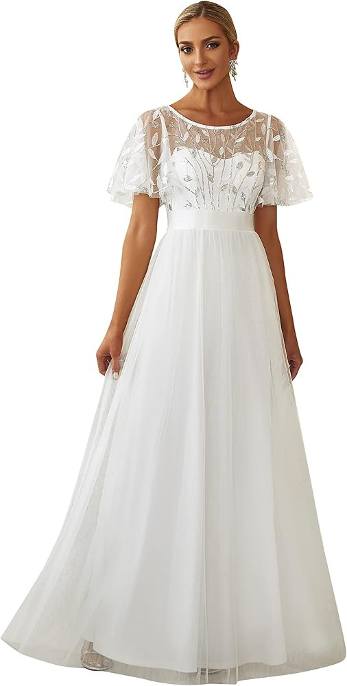 Ever-Pretty Women's Formal Dresses Crew Neck Sequin Ruffle Sleeve Empire Waist Beaded Long Evenin... | Amazon (US)