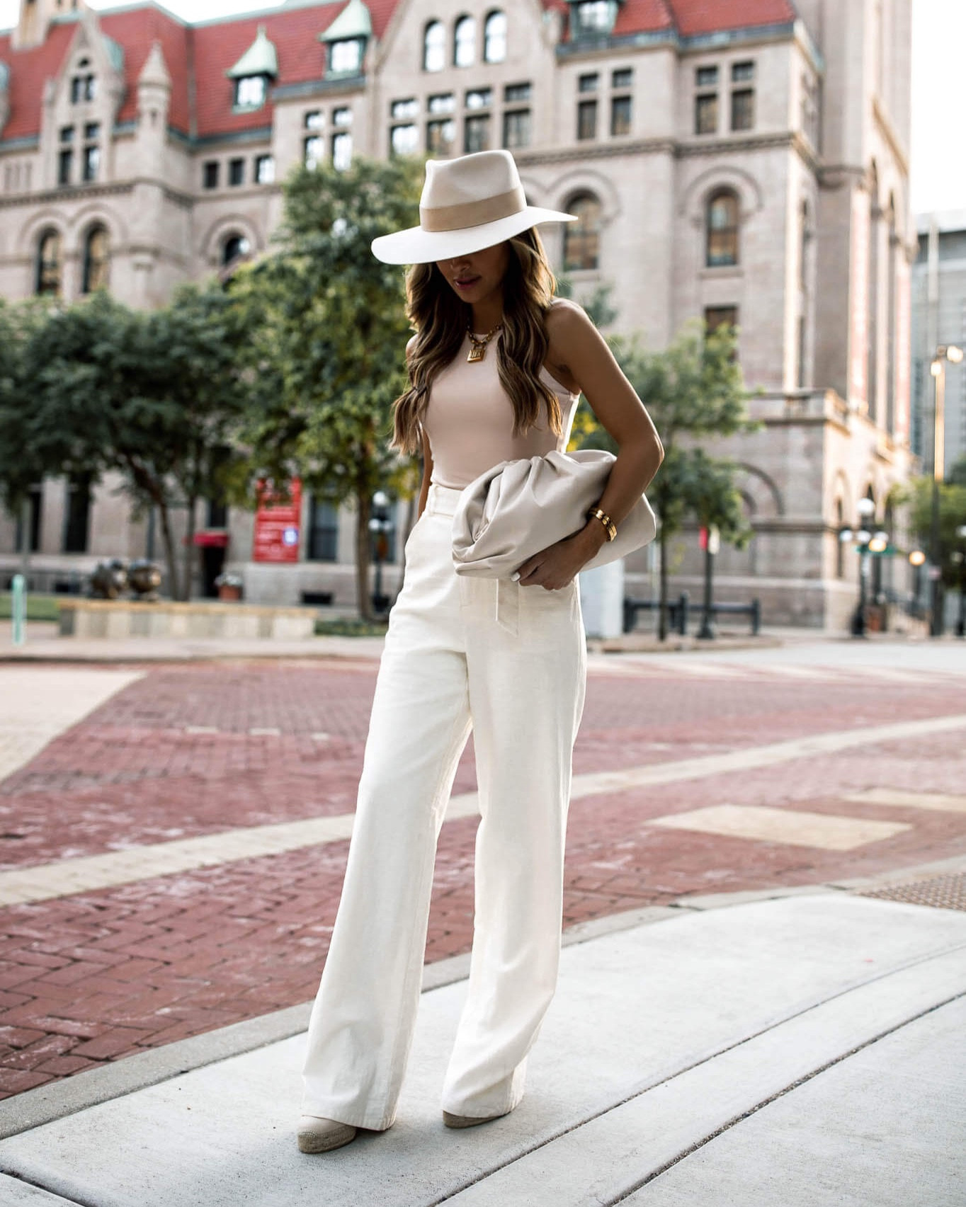 Summer vacation outfit
Amazon nude bodysuit
Similar white wide leg trousers
Castaner espadrille wedges 

#LTKstyletip #LTKtravel #LTKunder100