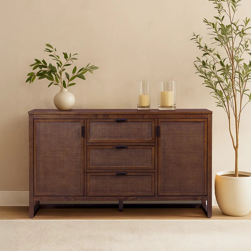 Ameer Modern Boho Solid Wood Sideboard Storage Cabinet with 3 Rattan Drawers & 2 Doors, Adjustabl... | Wayfair North America