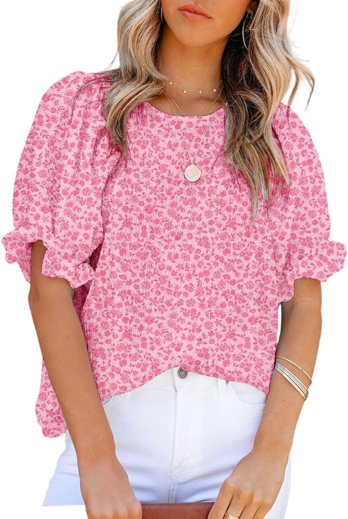 Dokotoo Floral Print Blouses for Women Crewneck Smocked Puff Sleeve Shirts Casual Babydoll Tops | Amazon (US)