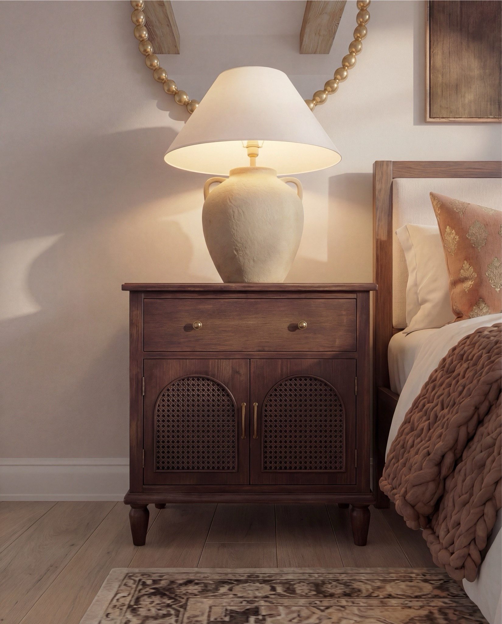 Shop the Look:• Wood platform bed frame with upholstered inset• White cotton duvet cover + layered neutral pillows• Terracotta patterned accent pillows• Chunky knit throw blanket (warm rust tone)• Neutral vintage-style area rug (beige and brown tones)• Upholstered bench with leather strap detail• Wood nightstands with brass hardware• Ceramic table lamps with linen shades• Brass chandelier with globe shades• Round gold-frame wall mirrors• Framed equestrian artwork set• Mid-century style wood dresser• Upholstered accent chair with wood arms• Round black fluted side table• Abstract neutral wall art with brass picture light• Large ceramic decorative vases

#LTKSaleAlert #LTKHome