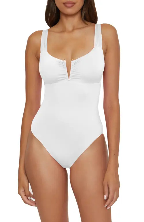 BECCA Shirred V-Wire One-Piece Swimsuit in White at Nordstrom, Size Large | Nordstrom