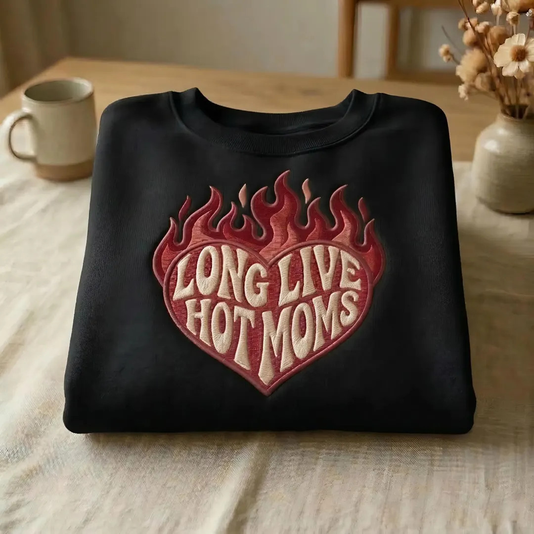 Embroidered Long Live Hot Moms Sweatshirt, Funny Mom Gift, Aesthetic Mom Crewneck, Retro Flame He... | Etsy (US)