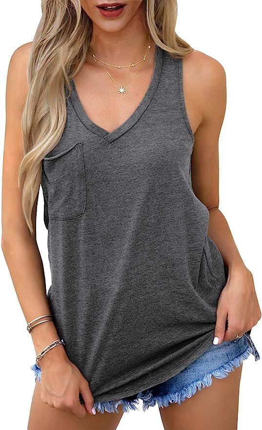 MIHOLL Women's V Neck Tank Top Loose Fit Summer Racerback Workout Sleeveless Tops Shirts | Amazon (US)