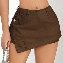 Street Wrap Stretch Irregular ALine Skinny Cargo Denim Mini Skort | SHEIN