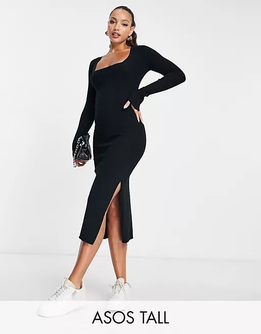 ASOS DESIGN Tall knit midi dress with square neck in black | ASOS (Global)