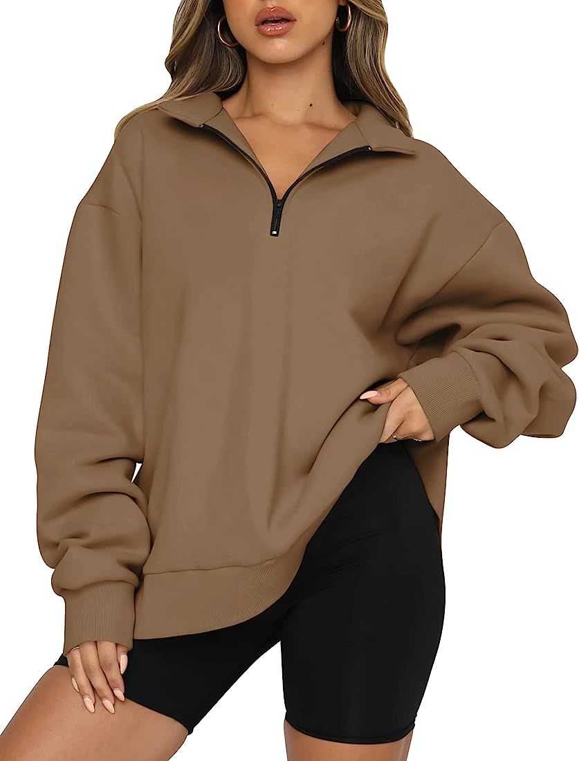 Trendy Queen Womens Oversized Half Zip Pullover Long Sleeve Sweatshirt Quarter Zip Hoodie Sweater Te | Amazon (US)
