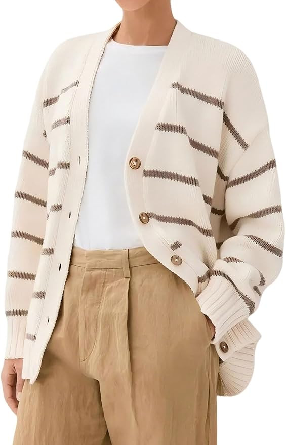 utcoco Women's Striped V Neck Knit Cardigan Baggy Cotton Sweater Timeless & Oversized Fashion Our... | Amazon (US)