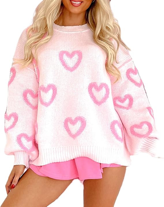 Women Cute Heart Print Sweaters Long Sleeve Valentines Romantic Love Pullover Casual Crew Neck Kn... | Amazon (US)