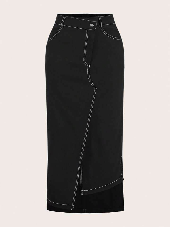 SHEINNeu Top-stitching Split Hem Skirt | SHEIN