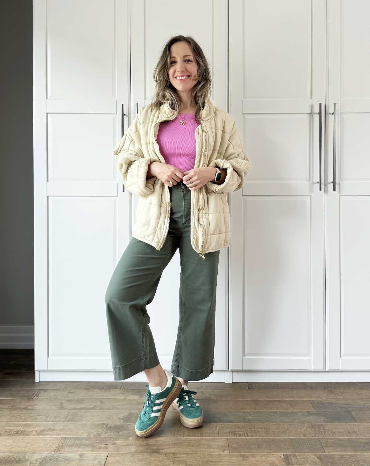 Fall outfit with olive green pants and a quilted jacket 

#LTKOver40