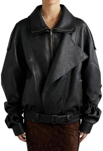 utcoco Women's Oversized Faux Leather Jacket Vintage Large Collar Belted Waist Moto Biker Jacket ... | Amazon (US)