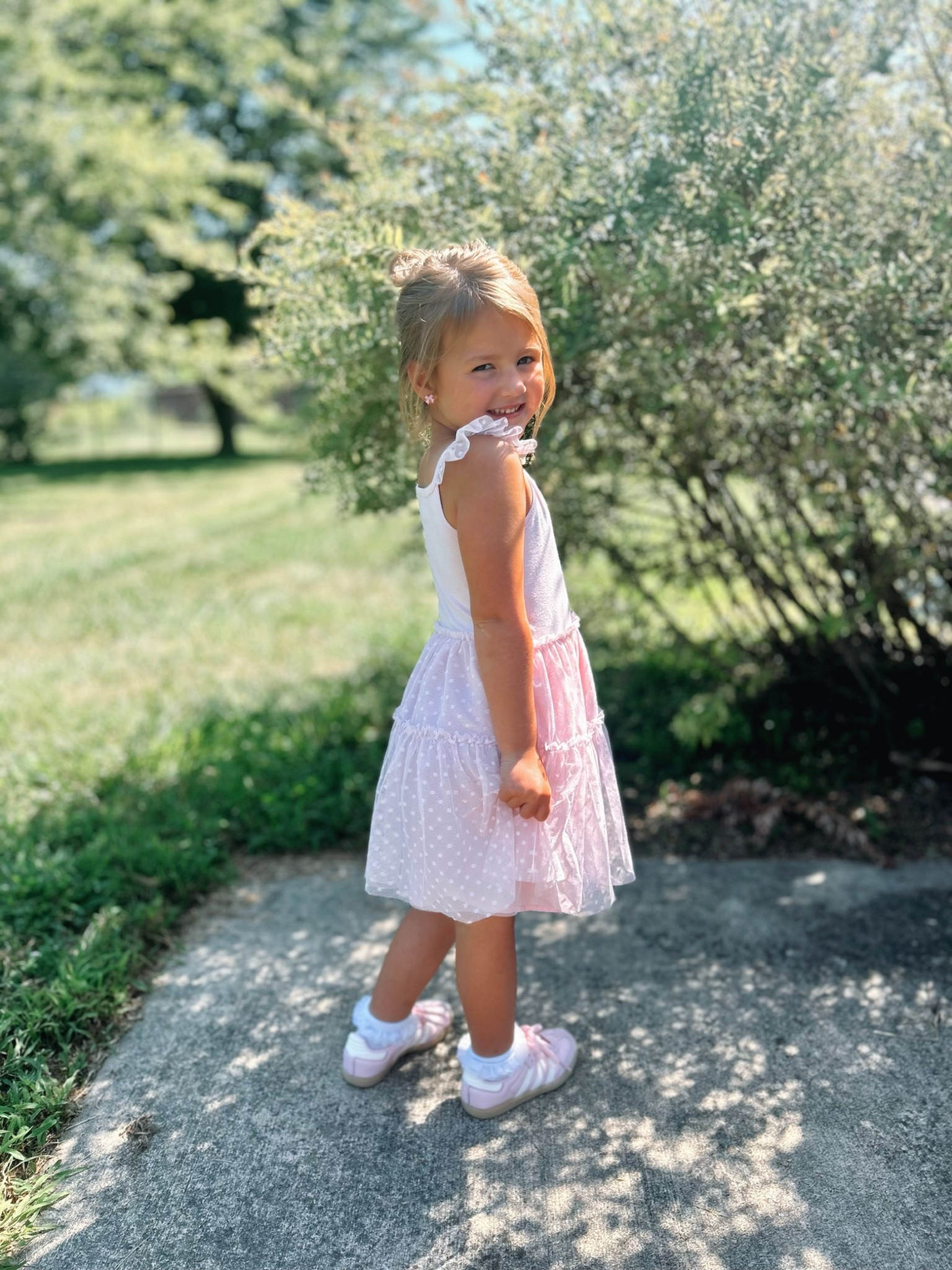 Toddler girl tulle pink old navy dress + toddler pink adidas sambas