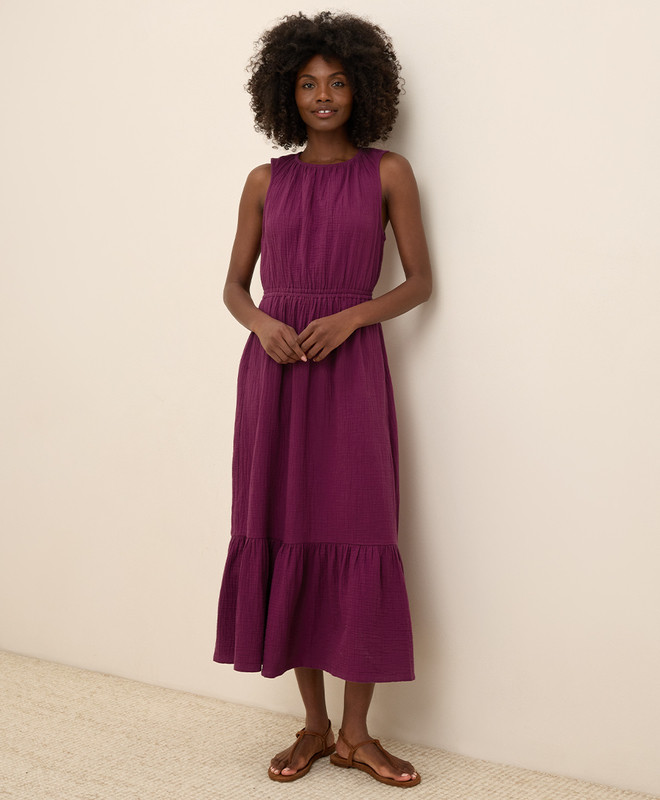 Women’s Coastal Double Gauze Tiered Midi Dress made with Organic Cotton | Pact | Pact Apparel