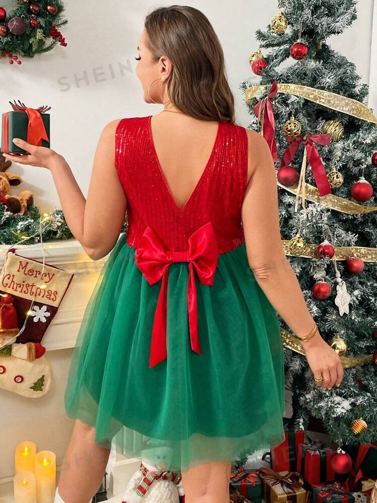 SHEIN Essnce Plus-Size Ladies Red Holiday Dress, Christmas Dress, Sequin Dress,Christmas Women Cl... | SHEIN